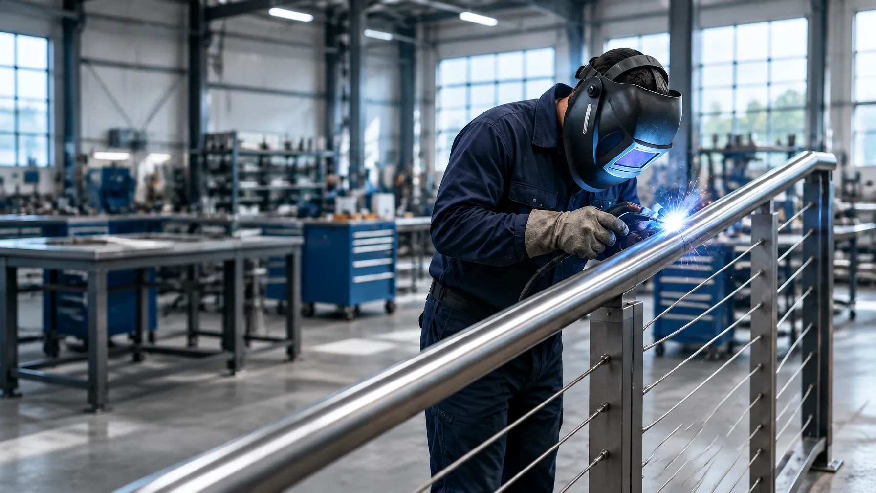 Metalworker fabricating a stainless steel architectural handrail